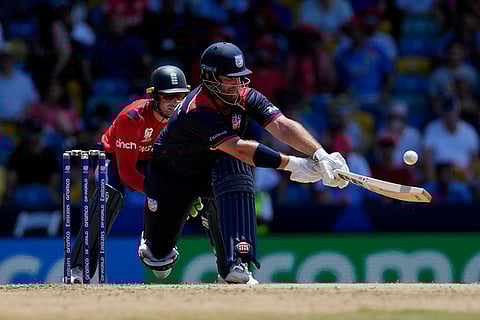 Corey Anderson plays a shot against England